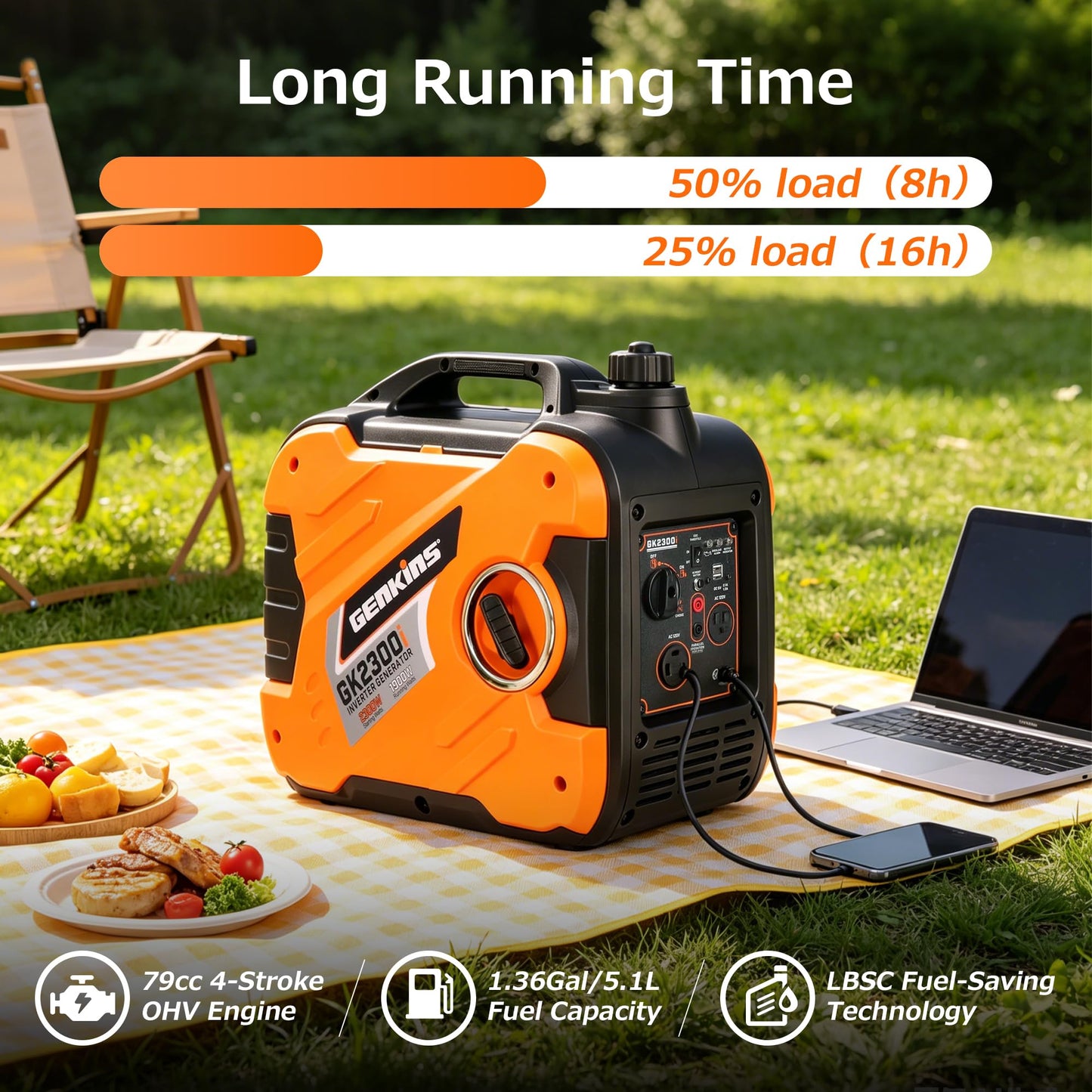 GENKINS Inverter Generator 2300 Watt Portable Generator Gas Powered Ultra Quiet for RV Ready Outdoor Camping Home Backup
