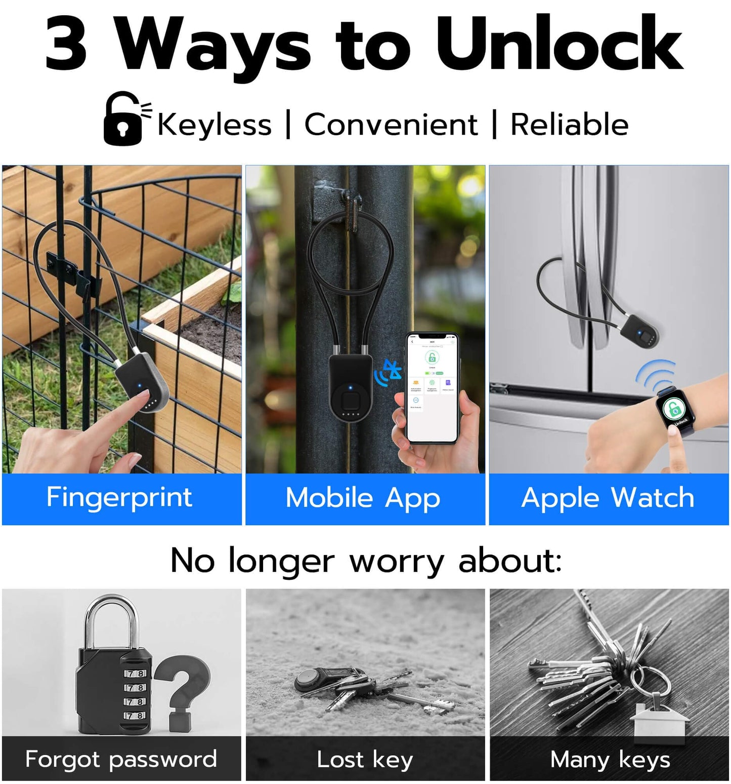Anweller Fingerprint Cable Lock, 14" Long Shackle Small Padlock, Keyless Entry Biometric Bluetooth Smart Waterproof Combination Pad Lock for Gate Outdoor Fence Fridge Cabinet Locker Pool Bike - Black