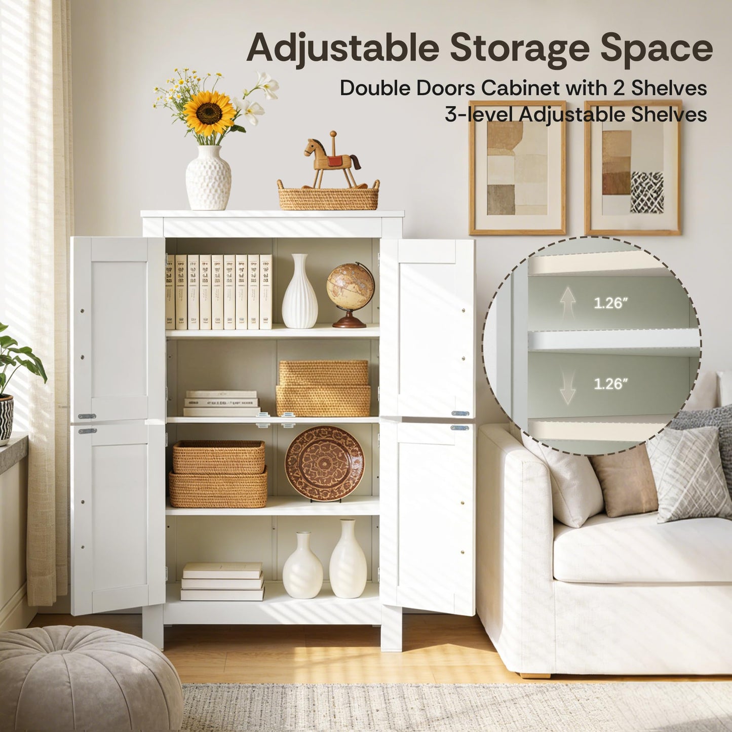 VUSIGN Wooden Bathroom Storage Cabinet, Floor Organizer with 4 Doors and Adjustable Shelves, Freestanding Storage Cabinet for Kitchen Living Room, Dining Room, Entryway, White
