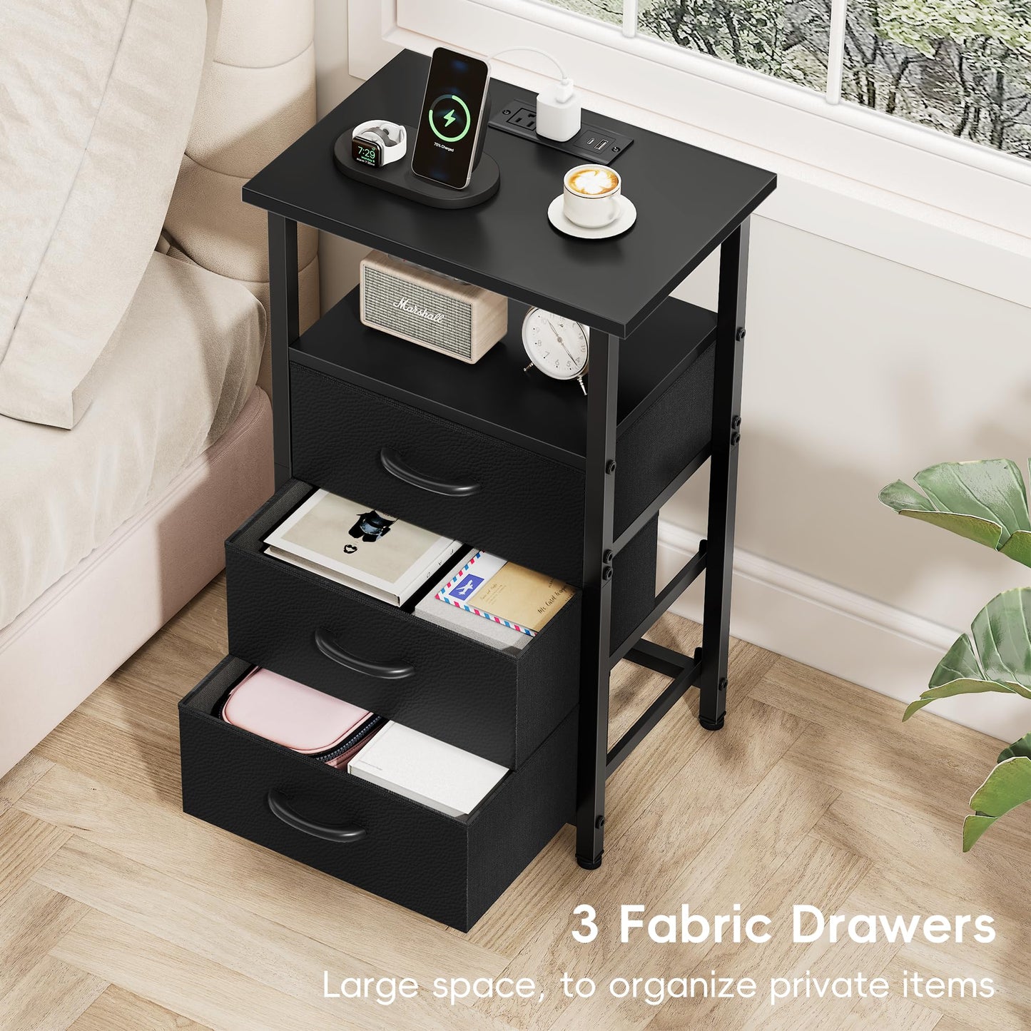 Vagusicc Night Stand Set 2 with Charging Station, LED Nightstand for Bedroom, Bedside Table with 3 Fabric Drawers, End Table Side Table with USB Ports & Outlets, Bed Side Table for Bedroom, Black