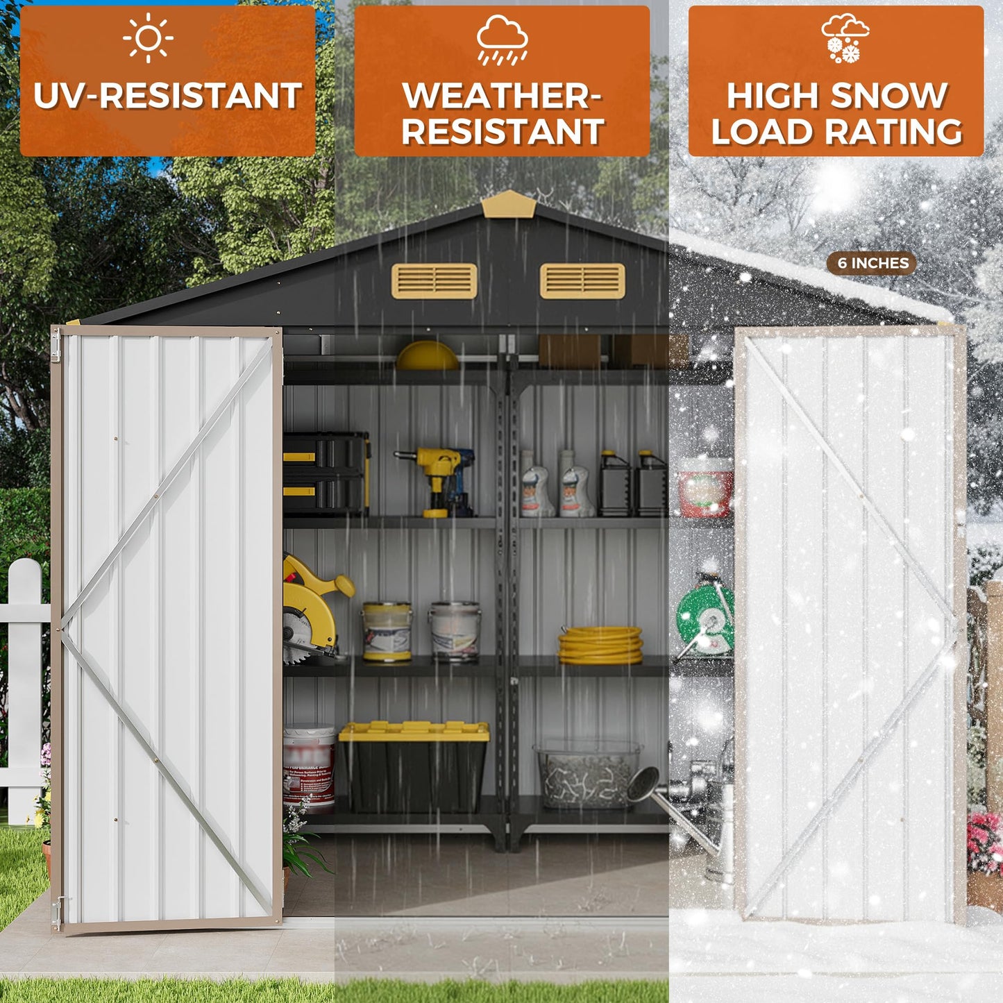 IRONCK 8x6FT Outdoor Storage Shed with Lockable Doors, 7.4x5.3FT Base Galvanized Steel Metal Garden Tool Shed with Breathable Vent for Yard Bins/Generator/Wheelbarrow Storage, Brown