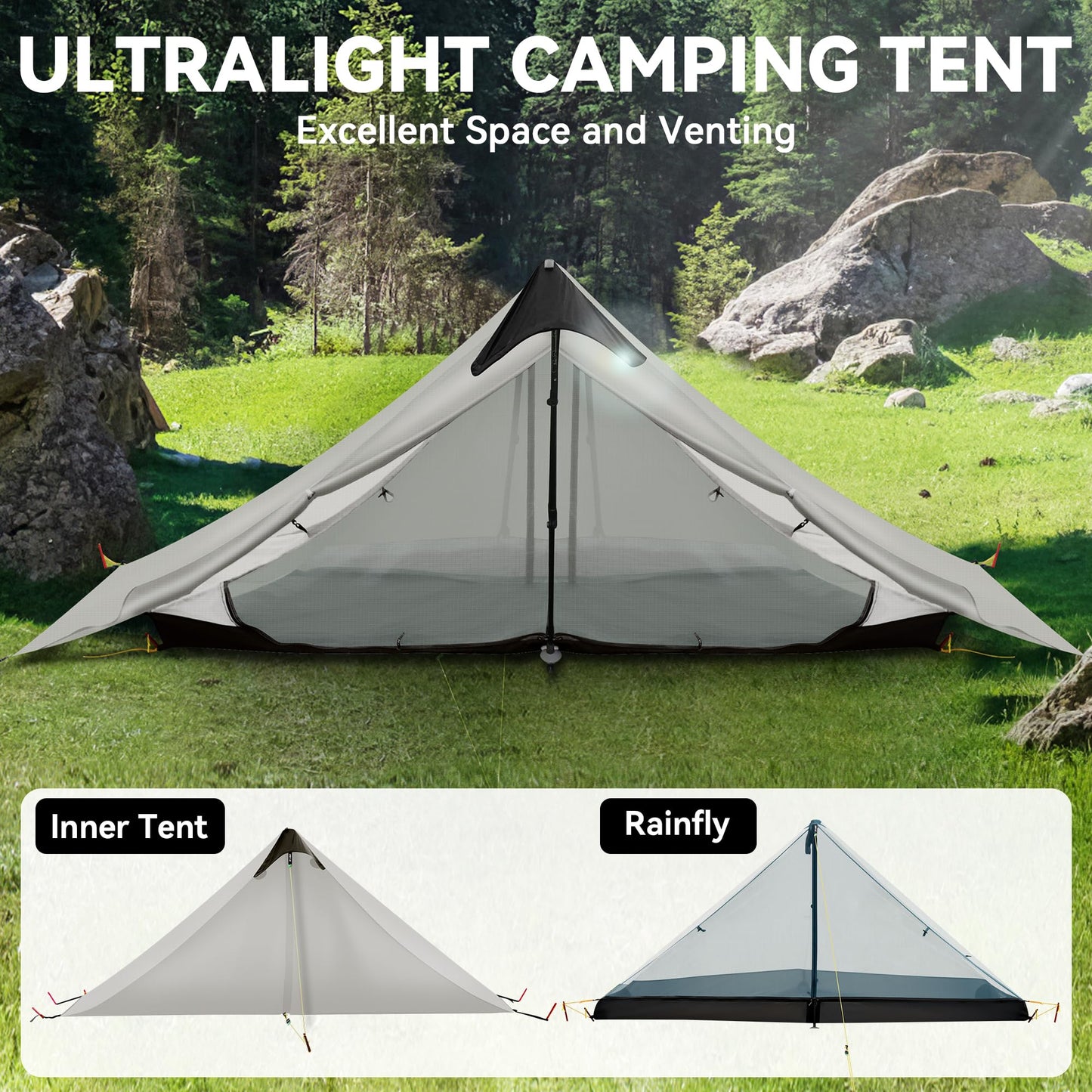 Ultralight Tent 3-Season Backpacking Tent 2 Person Camping Tent, Outdoor Lightweight LanShan Camping Tent Shelter for Camping, Trekking, Kayaking, Climbing, Hiking, 2 Person/Grey White