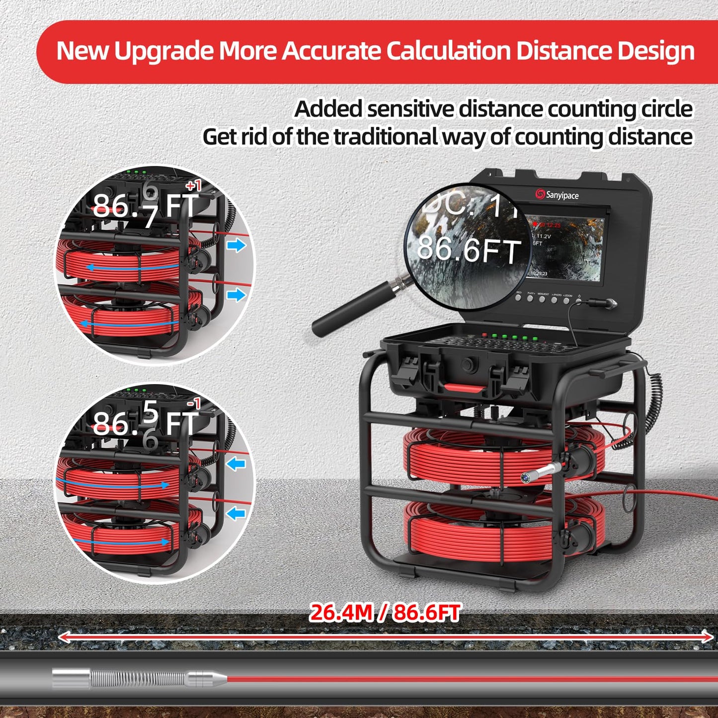 Sanyipace Sewer Camera 100FT/30M with DVR Recorder, Drain Camera with Lights, Pipe Sewer Scope Inspection Camera with IP68 Waterproof Camera Probe, 9" Color Screen, 16GB TF Card, Camera Guide Wheel