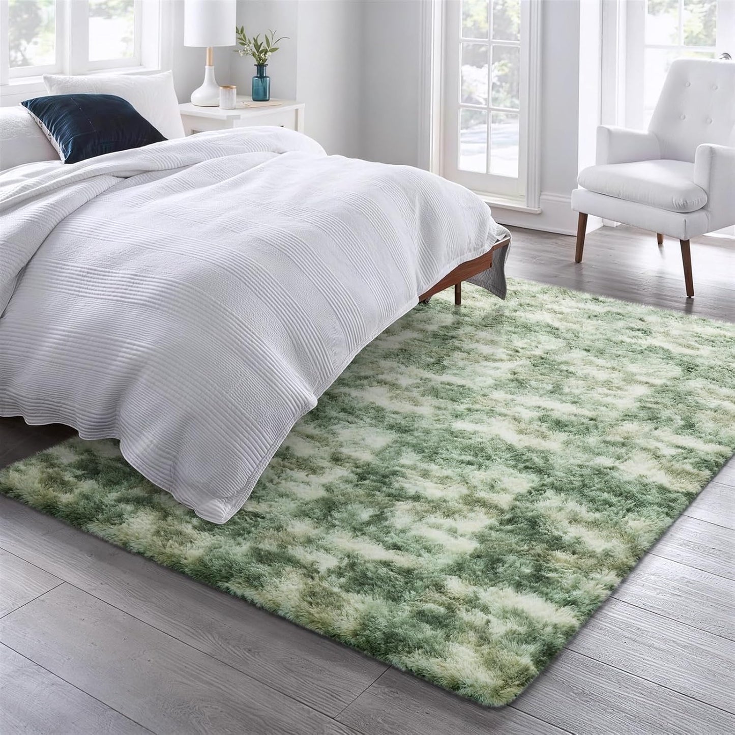 Ophanie Area Rugs - Fluffy Green and White Shag Carpet for Living Room | 6x9 Soft Plush Design