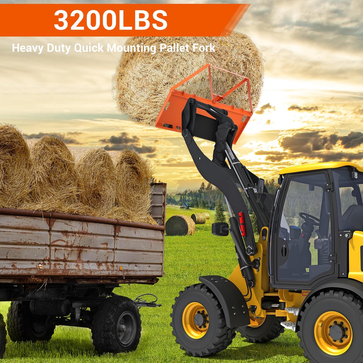 GarveeTech 46 in Skid Steer Pallet Forks, Heavy Duty 3200 LBS Capacity Skid Steer Forks Attachment for Tractors and Loaders, Quick Attach Mount, Orange
