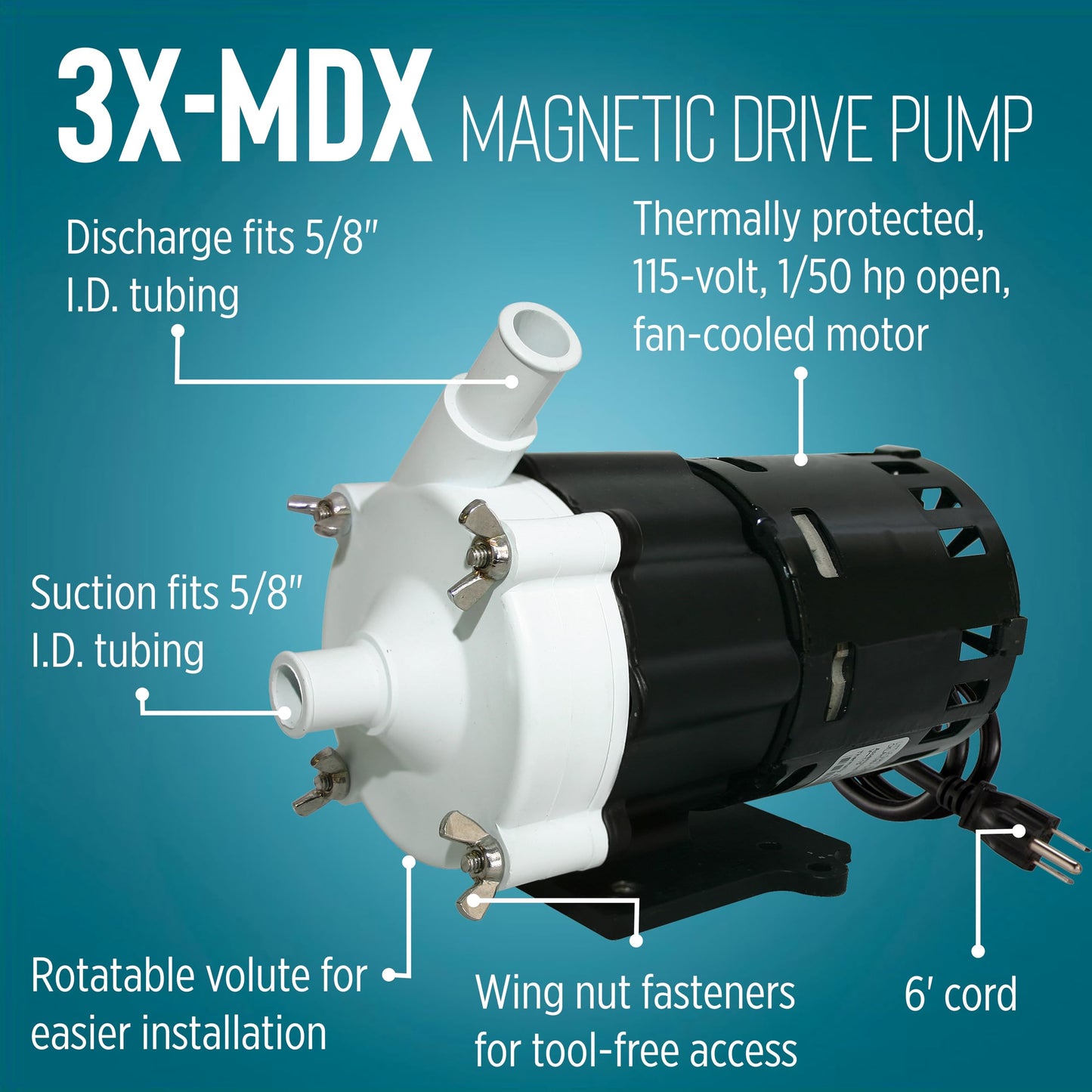 Little Giant 3X-MDX 115-Volt, 1/50 HP, 348 GPH Magnetic Drive Mildly Corrosive Chemical Transfer Pump, 6-Foot Power Cord, Black/White, 581030