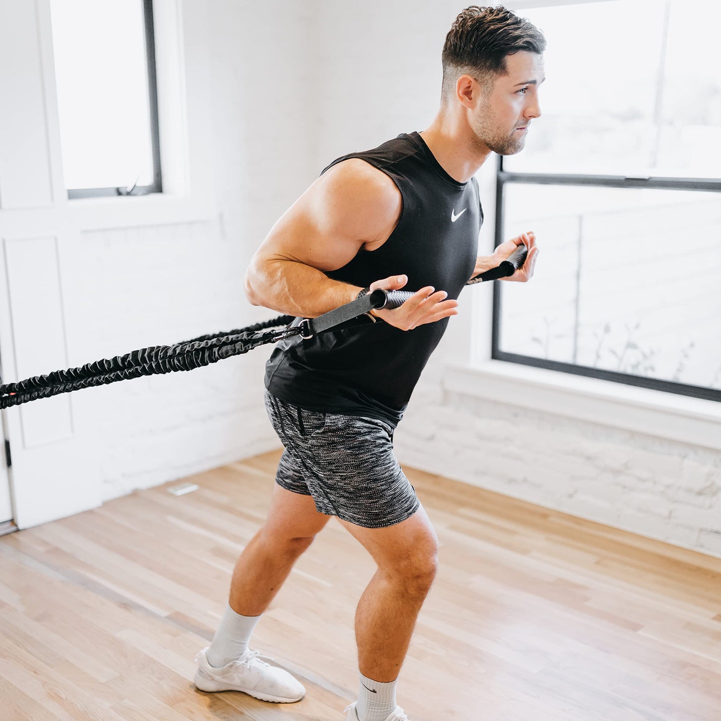 Resistance Cords - Shoulder and Core Resistance Bands - Perfect for Dynamic Warmups and Rehab - Deluxe Pair of 2 Black 7lbs Cords and 2 Universal Handles - 4KOR Fitness