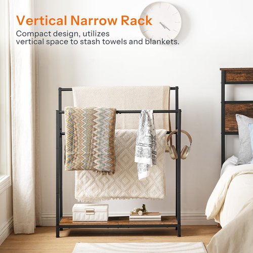 HOOBRO Extra Large Free Standing Towel Rack, 3 Tier Blanket Rack, Blanket Holder for Bathroom, 32.3" L x 11.4" W x 39.4" H, for Living Room, Bedroom, Rustic Brown and Black BF30LB01