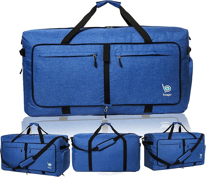 Bago Large Foldable Duffel Bags for Traveling Women & Men - 120L Packable Duffle Bag for Travel with Shoe Compartment - Water Repellant, Heavy Duty, Lightweight Folding & Collapsible (SnowDepBlue)