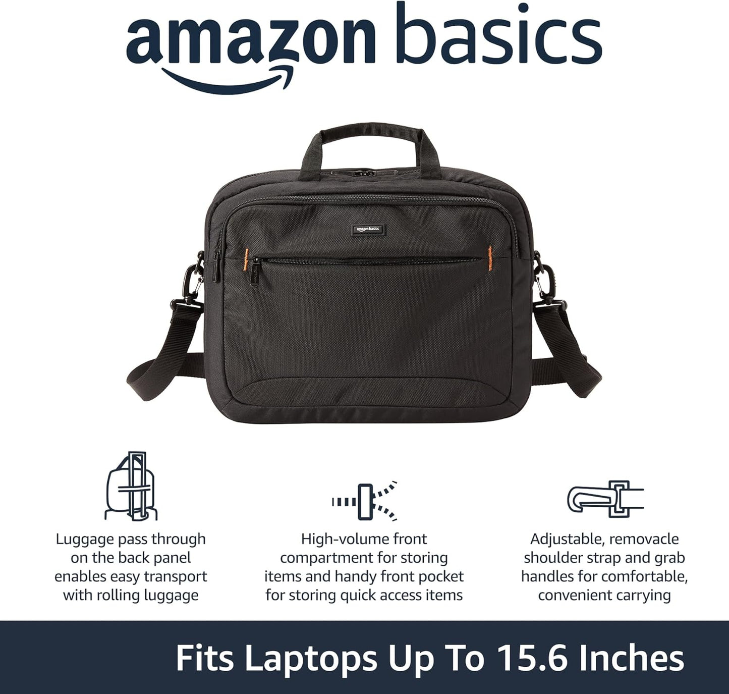 Amazon Basics 15.6 in Laptop Bag with Shoulder Strap and Handle, Large Capacity, Spacious Compartments, Black