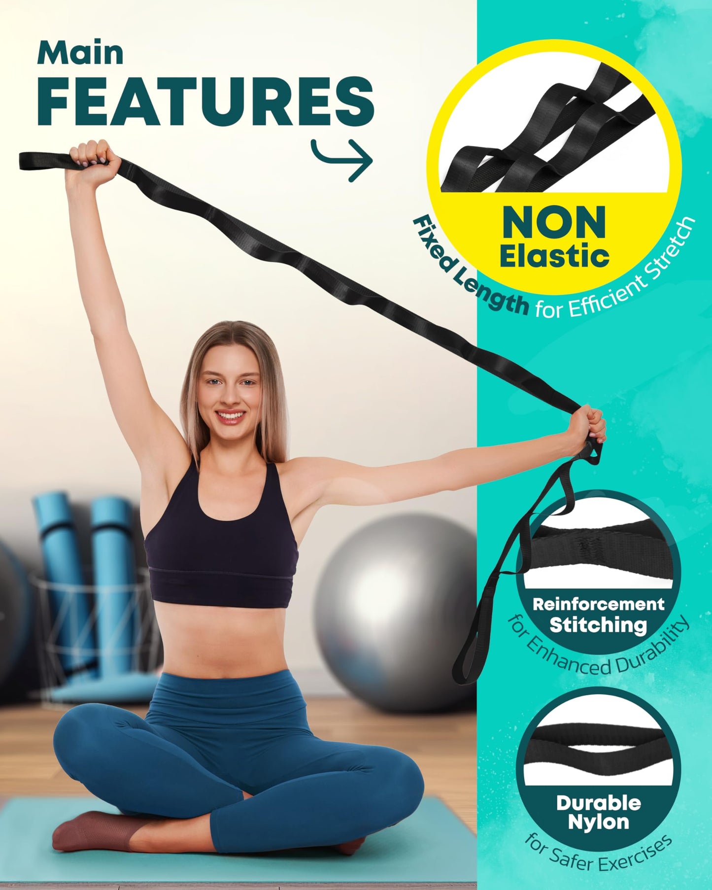 Ctrl Sports Stretching Strap Non Elastic Yoga Strap with Loops - Stretching Band for Physical Therapy, Stretch Bands for Exercise and Flexibility - Stretch Strap with 10 Loops, Hamstring & Leg Stretcher Strap