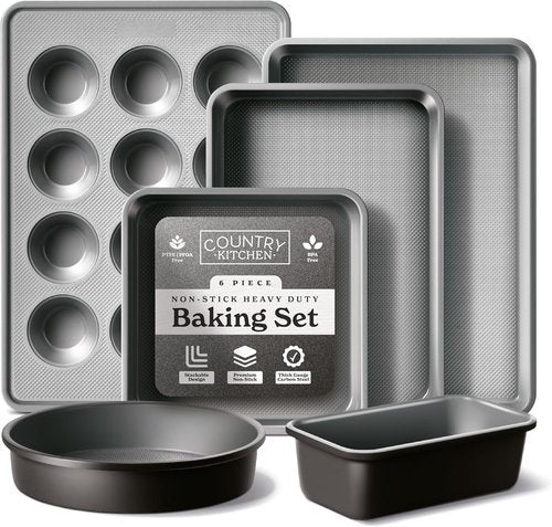 Country Kitchen Nonstick Bakeware Set - Durable & Easy Release, Black | 6-Piece Stackable Set