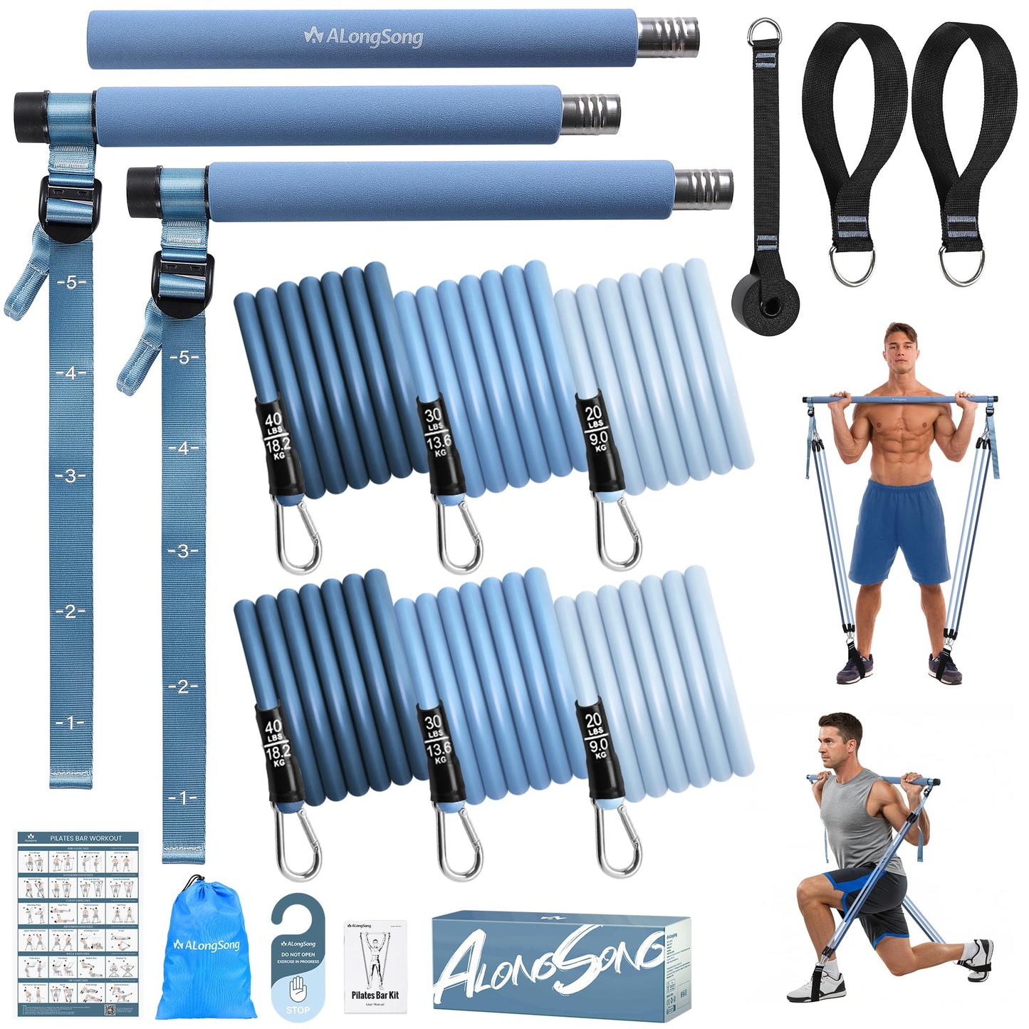 ALongSong Upgraded Pilates Bar Kit with Resistance Bands Natural Latex, Heavy-Duty Stainless Steel Multifunctional Yoga Pilates Stick for Home Gym Exercise Fitness Equipment Full-Body Workouts