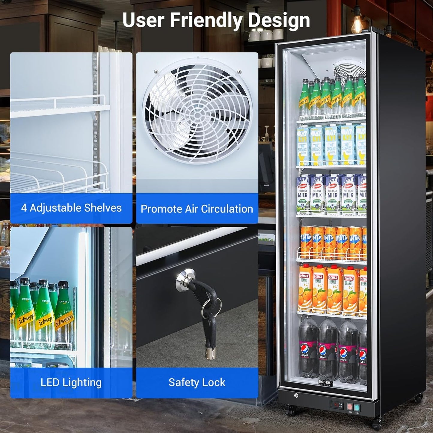BODEGACOOLER Commercial Beverage Refrigerator with Glass Door,12.5 Cu.Ft Commercial Drink Refrigerator,Upright Large Display Merchandiser Beverage Bar Cooler with Soft LED Light,Adjustable Shelves