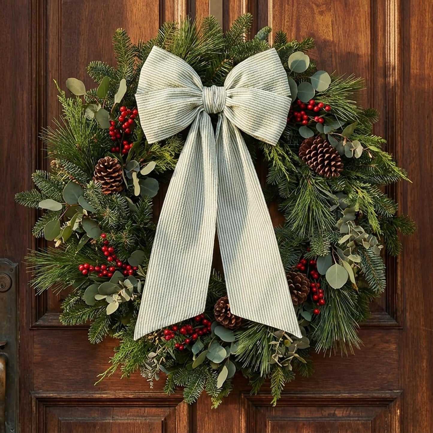 Skiennix Wreath Sash - Holiday Stripes Ribbon for Front Door | 5.1'' W x 59'' L, Green Striped
