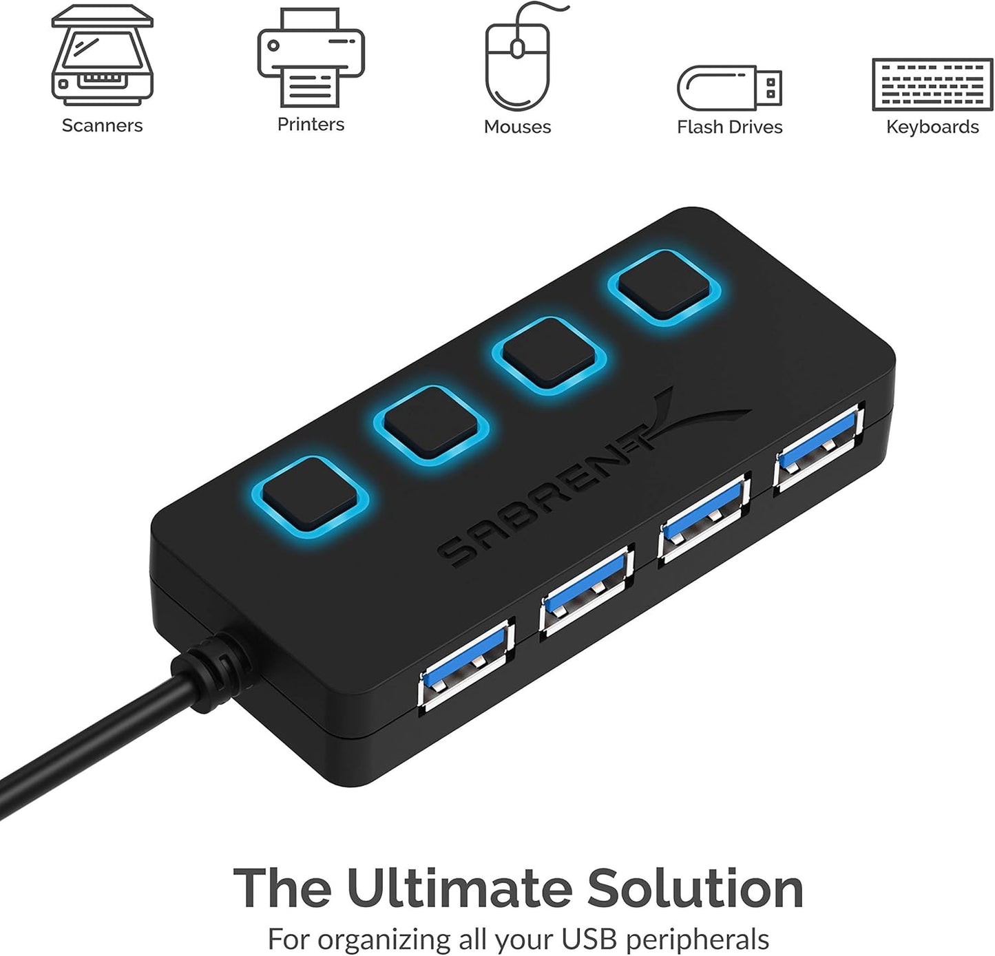 SABRENT 4-Port 3.0 2 (HB-UM43) USB Hub with Individual LED Power Switches - Slim, Portable Design - Ft Cable - Fast
