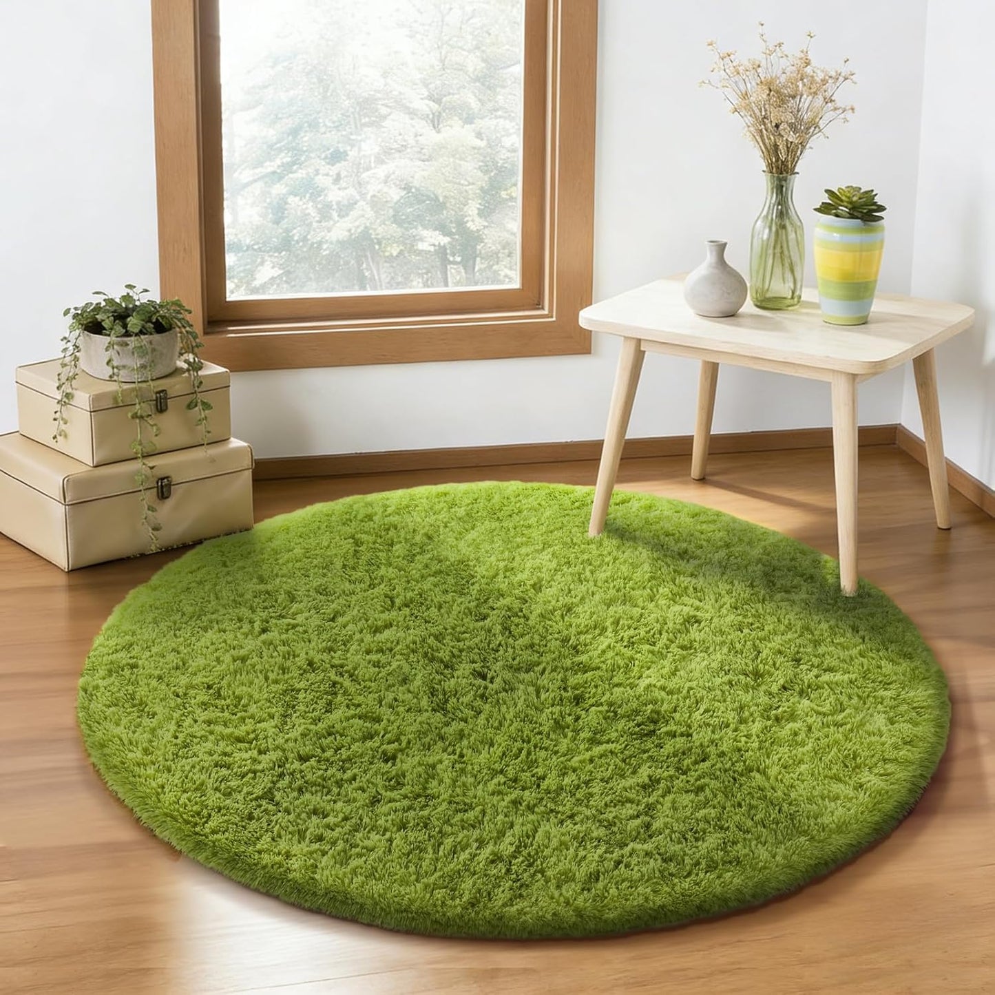 Ophanie Green Round Rug - 4Ft Plush Circle Area Rug for Kids' Room | Soft Shaggy Bedroom Decor