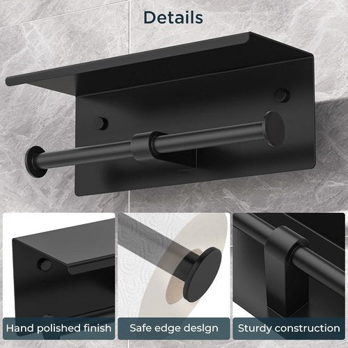 FORIOUS Double Toilet Paper Holder - Wall-Mounted Tissue Roll Dispenser with Shelf | 304 Stainless Steel, Matte Black