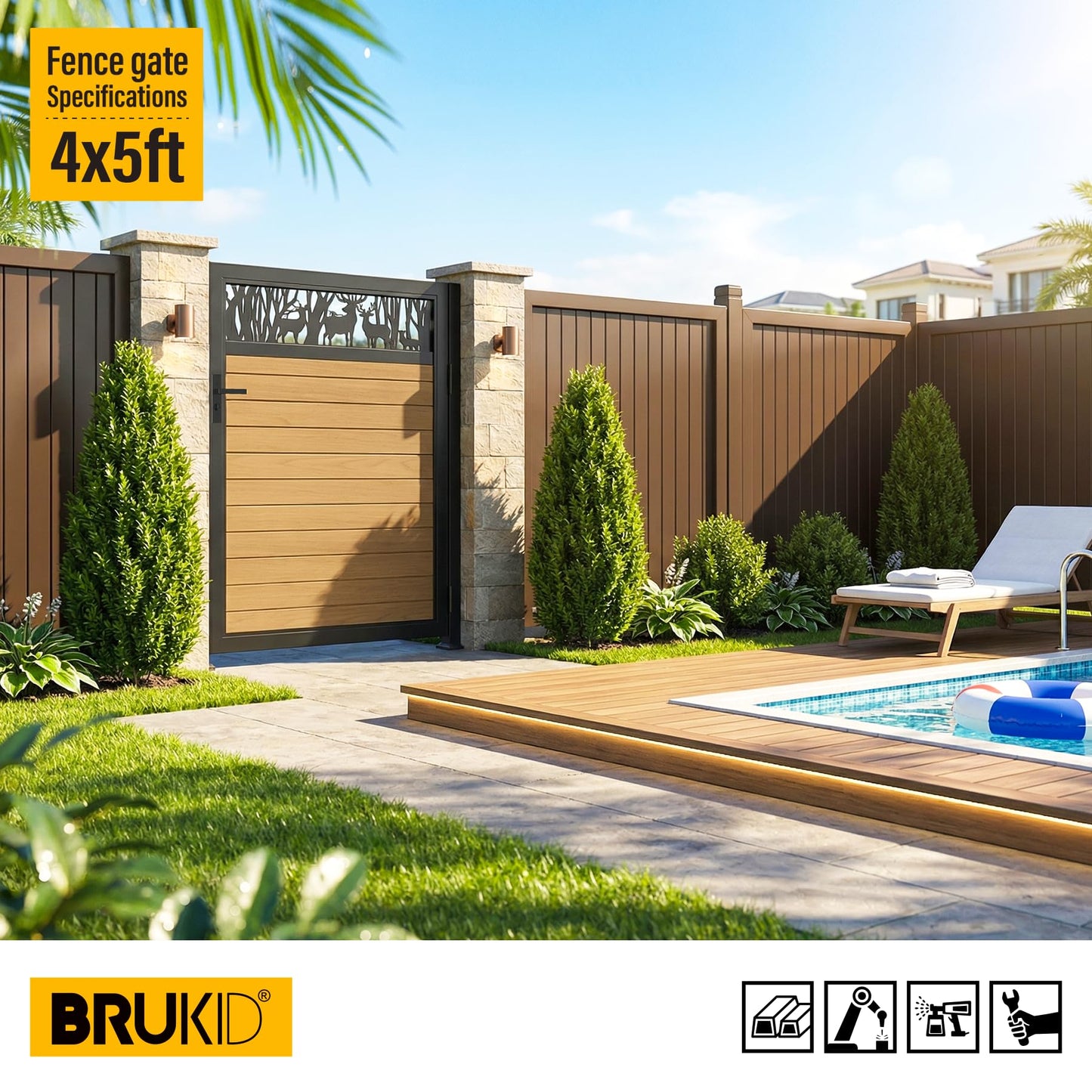 Brukid 4x5 FT Aluminum Fence Gate Kit Wood Grain Aluminum Gate with Decorative Cutout, Lock & Hinges, Left/Right Opening, Weather Resistant for Yard Garden Patio