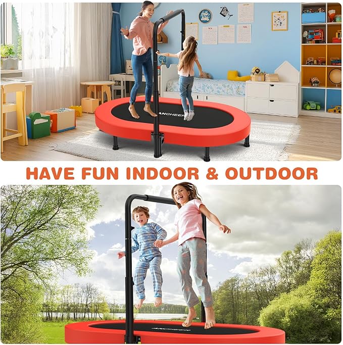 ANCHEER 56" Double Mini Trampoline for Kids, Mini Rebounder with 5-Level Adjustable Handle, Parent-Child Trampoline for Kids, Max Load 220lbs, Fun for Indoor/Outdoor