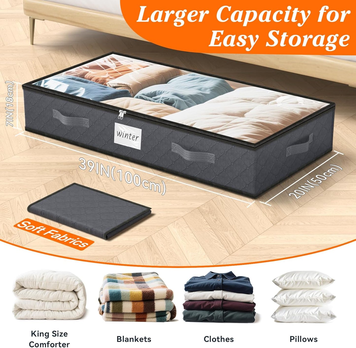SpaceWhisper 90L Under Bed Storage Containers - 4-Pack Foldable Bins with Clear Tops for Clothing & Blankets | Grey
