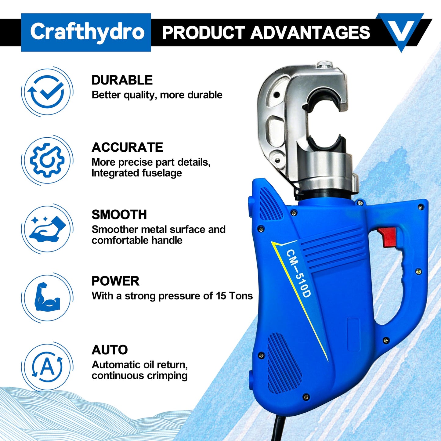 Hydraulic Crimping Tool 15Ton Electric Cable Lug Crimpers - 13 Dies (8AWG to 800MCM) Cable Wire Crimping Pliers Machine Kits with 2.8m Wire