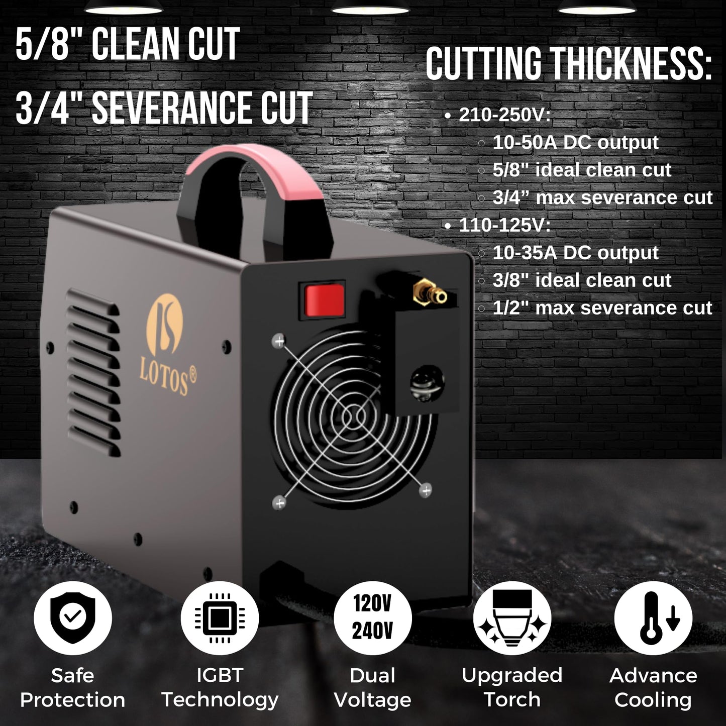 LOTOS LT5000D Plasma Cutter, 2024 Upgraded 5/8 inch 16mm Clean Cut 3/4 inch 20mm Severance Cut 50A Plasma Metal Cutter Machine, Plasma Cutting Equipment, Dual Voltage 120V or 240V, Brown