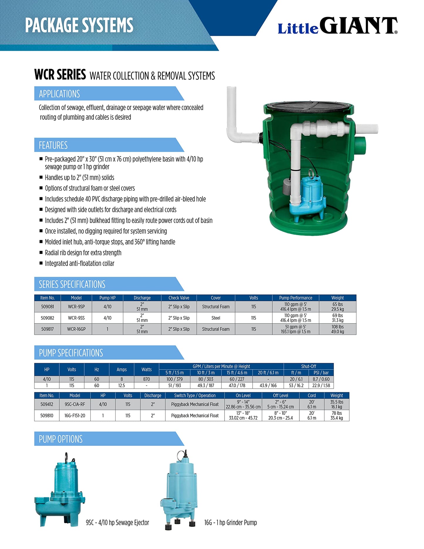 Little Giant WCR-9SS 115 Volt, 4/10 HP, 4800 GPH Automatic Outdoor Water/Seepage Collection and Removal System with Sewage Pump, 20' Piggyback Float Switch, Steel Cover, Green/Blue, 509082
