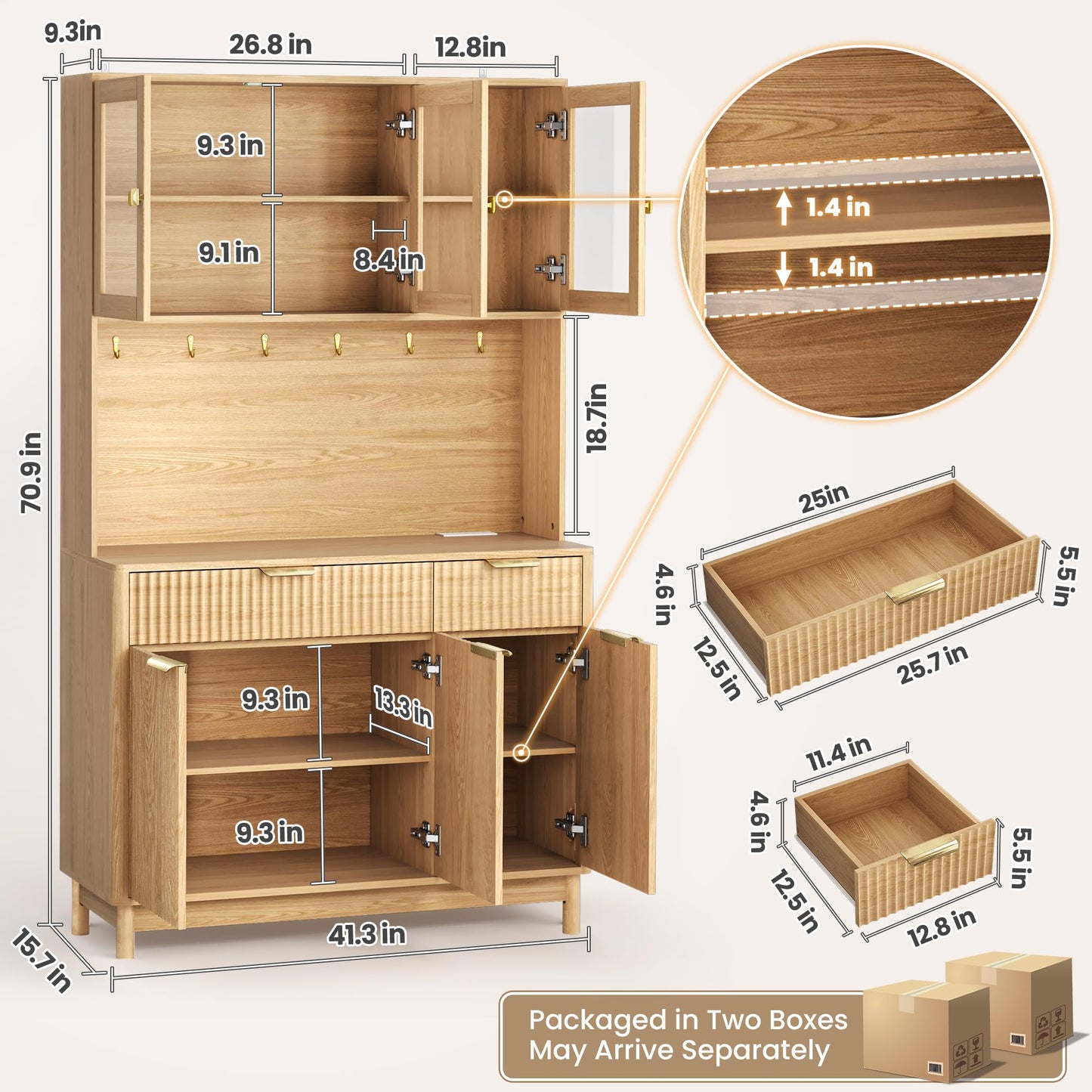 Fkhouse 71'' Fluted Kitchen Pantry Cabinet with Power Outlet & LED Light, Food Kitchen Hutch with Countertop, Wood Pantry Storage Cabinet with a Drawer & Shelves for Living Room, Dining Room, Natural