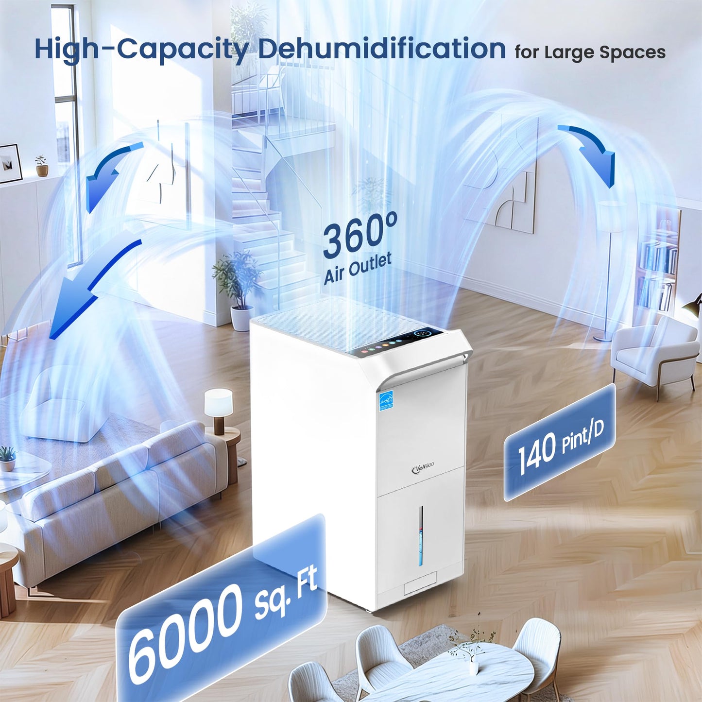 Vellgoo 6,000 Sq.Ft ENERGY STAR Most Efficient 2025 Dehumidifier for Basement, Max 140 Pint/Day Large Capacity Dehumidifier with Drain Hose, for Home, Large Rooms, Garage