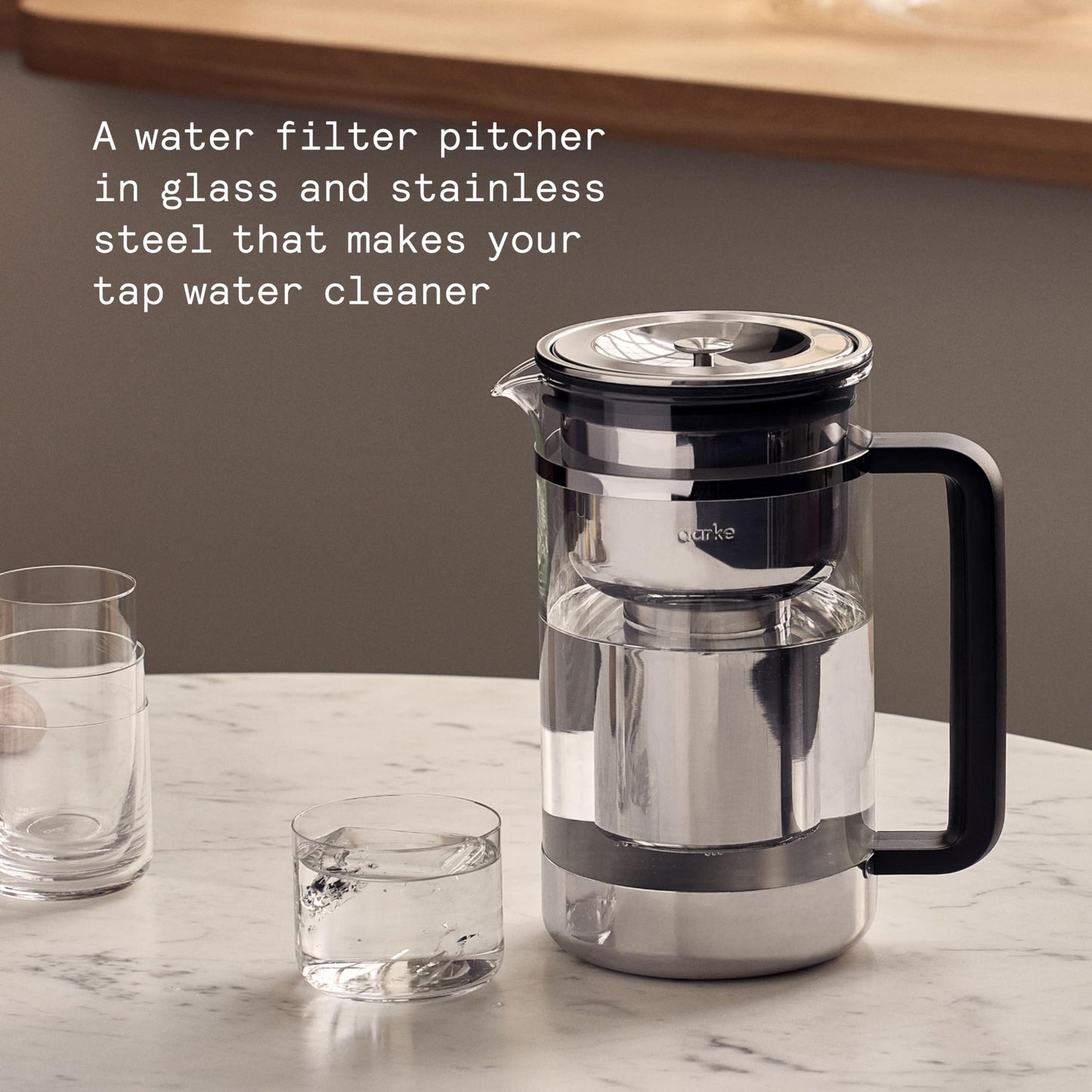 Aarke Purifier - Premium Glass and Stainless Steel Water Filter Pitcher, Refillable Filter System and Granules, 2.8L Pitcher with 1.66L Filtration Capacity