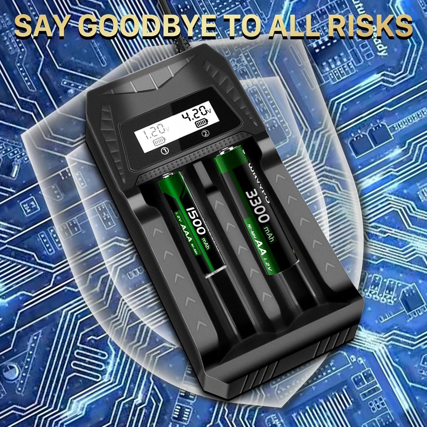 WAVYPO 18650 2 21700 LiFePO4 Battery Charger, Bays Smart Universal Charger with LCD Display for Rechargeable Batteries