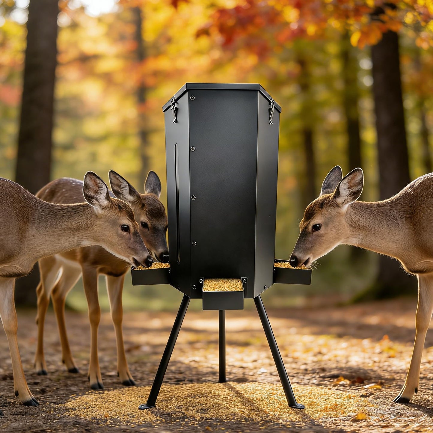 LAJIAOZ 80 lbs Galvanized Steel Gravity Deer Feeder - 14 Gallon Weatherproof Wildlife Game Feeder, 3-Leg Tripod Stand with 3 Feeding Trays, Metal Corn Dispenser for Goats, Turkeys, Livestock