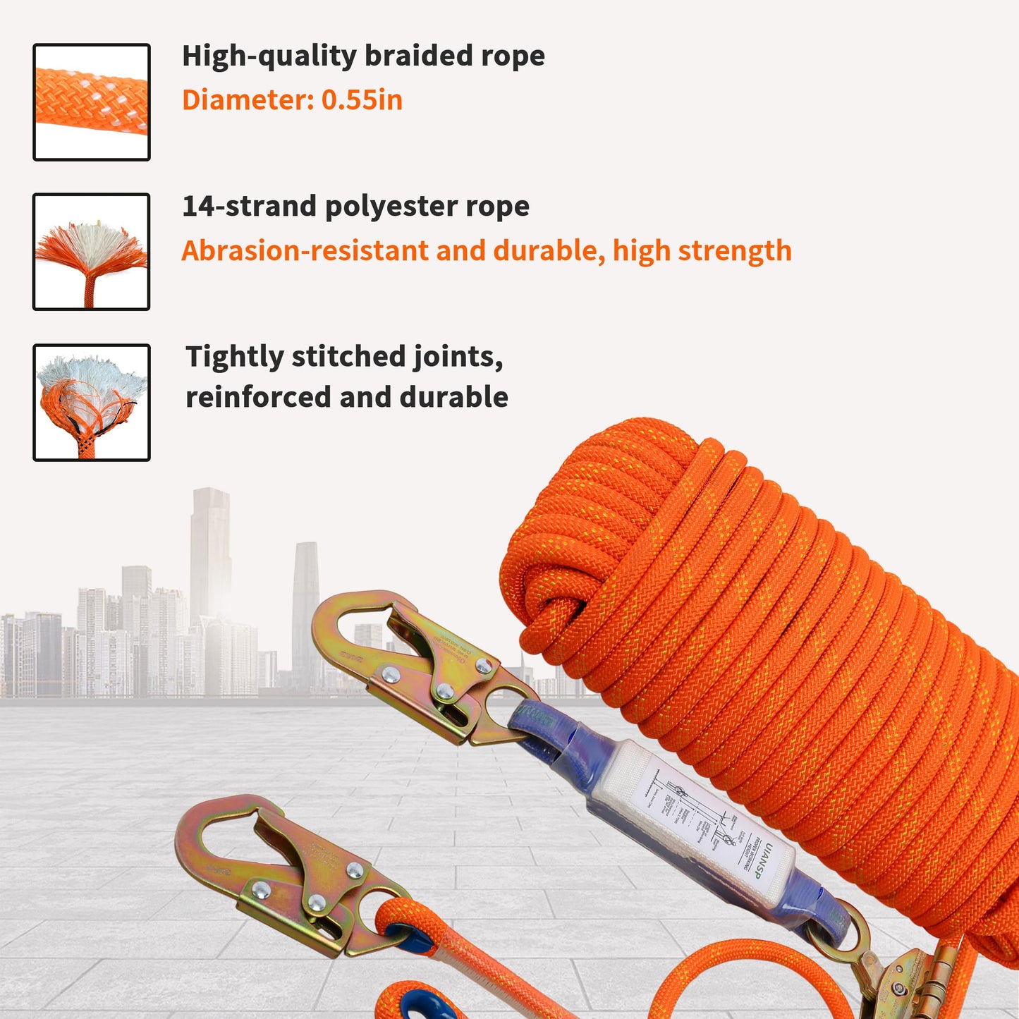 Fall Protection Safety Rope 50ft Heavy Duty Vertical Roofing Grab Snap Hook Shock Absorber Fall Protection Line Kit Restraint System Roofing Safety Equipment (50FT)