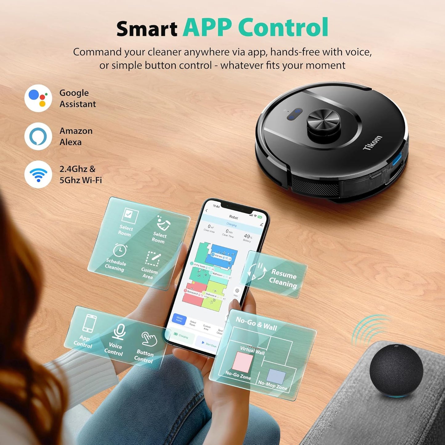 Tikom Robot Vacuum - 6000Pa Self-Emptying Robotic Cleaner with LiDAR Navigation | Ideal for Pet Hair & Carpets (L8000 Plus)