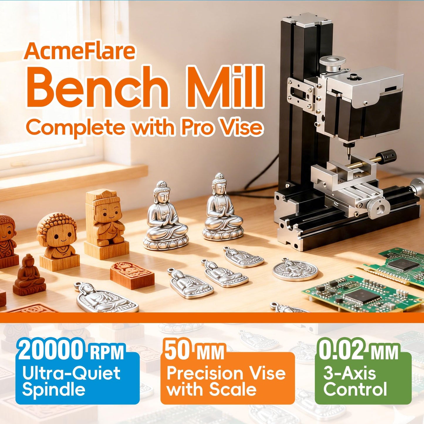AcmeFlare Mini Milling Machine, Electroplated Metal 36W 20000rpm 3-Axis 0.02mm Precision DIY Vertical Mill for Metal Wood Plastic Machining