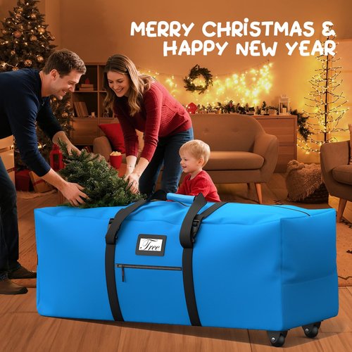 Mrrihand Christmas Tree Storage Bag, Large Artificial Anti-Tear Heavy-Duty 600D Oxford Cloth Xmax Christmas Tree Storage Box with Rolling Wheels, Christmas Tree Storage Container (Bright Blue, 9Ft)