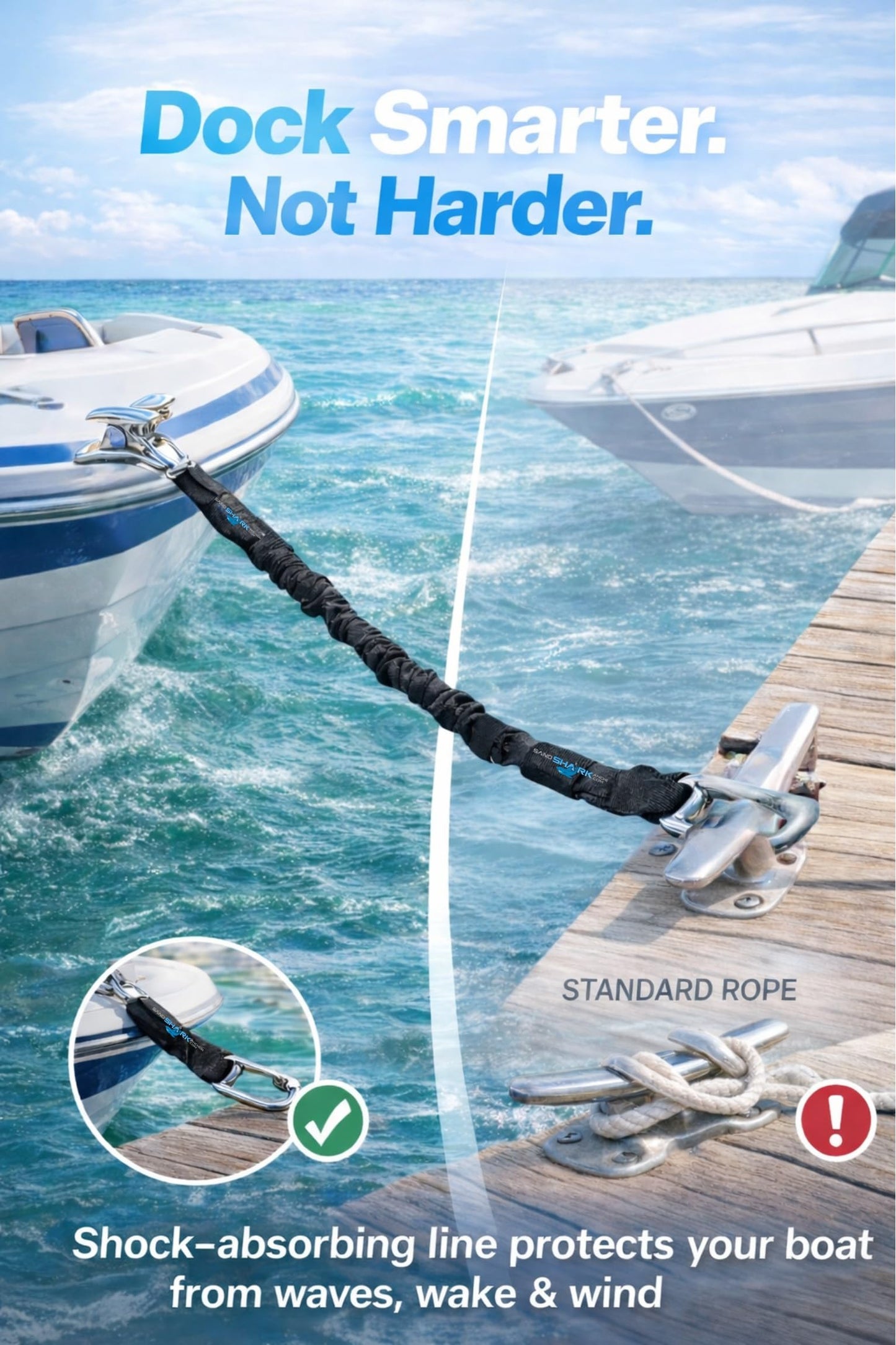 SandShark Premium Flat Bungee Dock Line – Stretches 4-7 FT - Boat & Jet Ski Dock Lines with Stainless Steel Carabiners – Shock Absorbing Mooring Rope for PWC, Boats & Pontoons. Neon Green