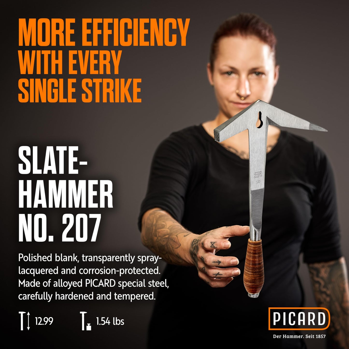 Picard Tilers Hammer 700g – Right-Handed, Rhineland Pattern, Hand-Forged Leather Grip Hammer with Nail Puller, Alloyed Steel Head, Professional Tiling & Roofing Tool – 0020700