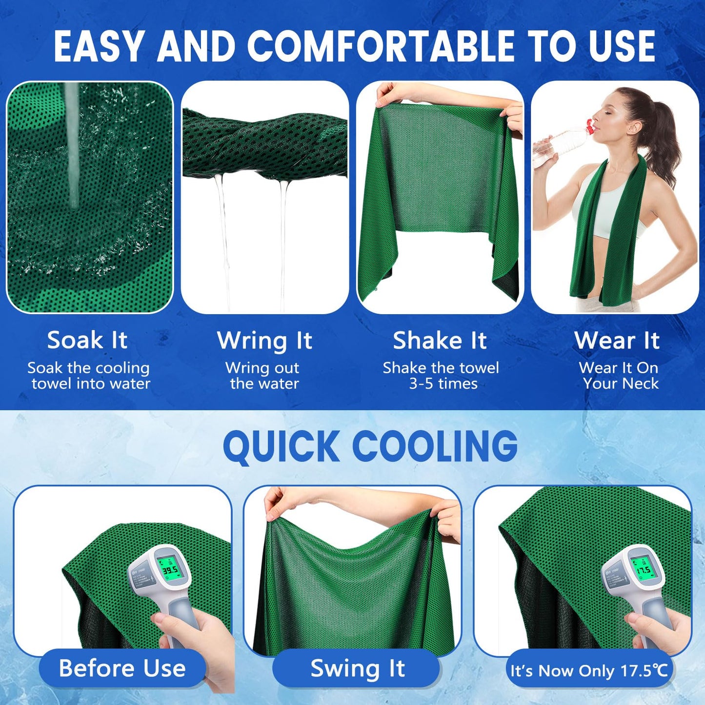 Hosuly 15 Pack Cooling Towels 40" x 12" Cooling Towels for Neck and Face Iced Towel Microfiber Soft Breathable Chilly Yoga Towel for Hot Weather (Green)