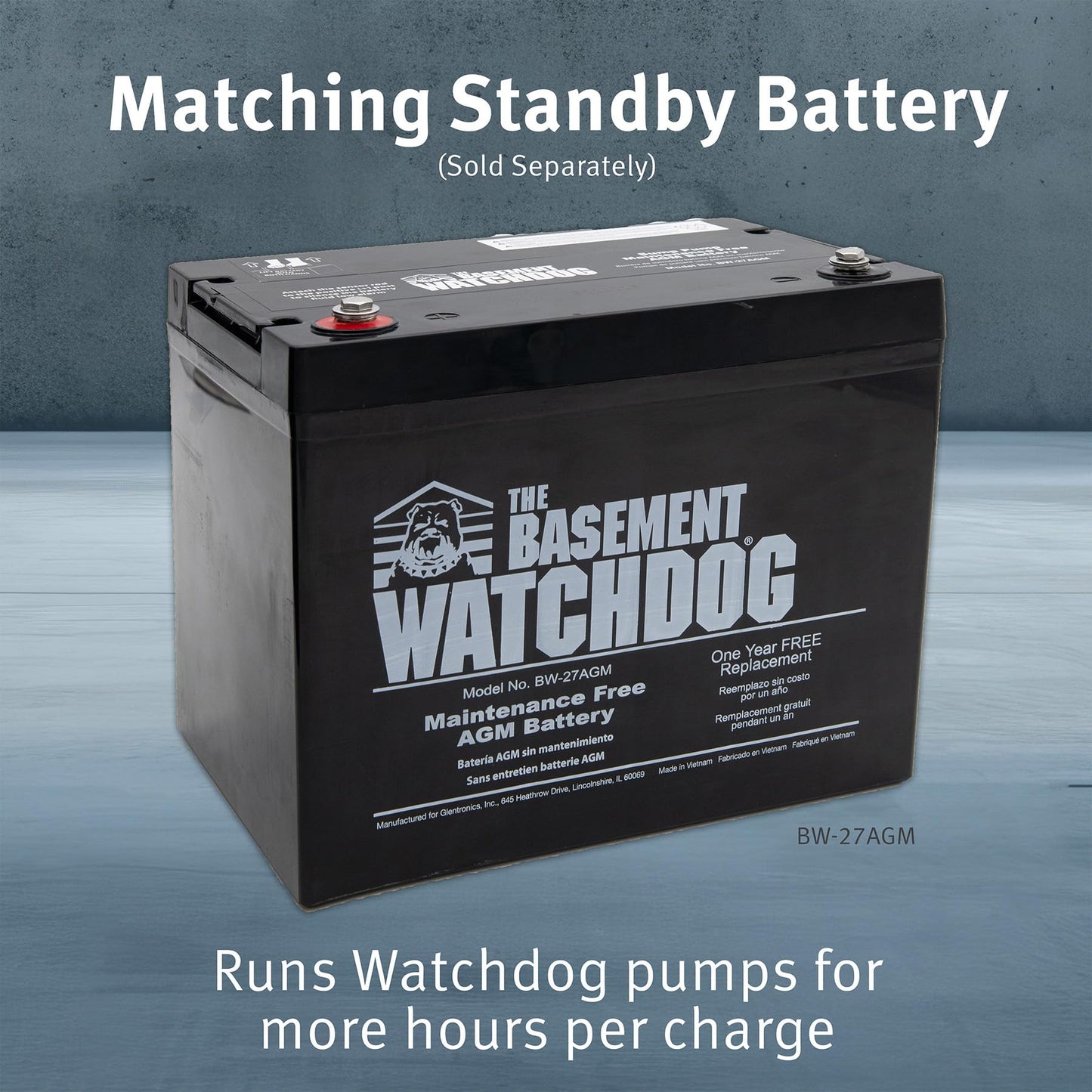 The Basement Watchdog Maintenance Free (AGM) Standby Battery for Backup Sump Pumps (BW-27AGM)