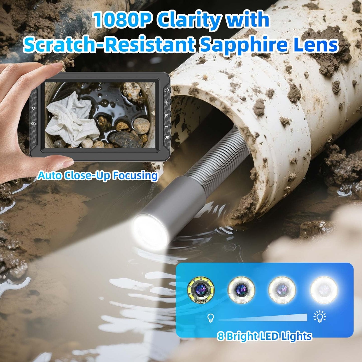 Sanyipace 18MM Sewer Camera, 66FT/20M Drain Inspection Camera with Microphone and Speaker, 1080P IP68 Waterproof Pipe Camera with 8 LEDs, Stiff Cable for Drain Duct Plumbing Inspection, 32GB Card