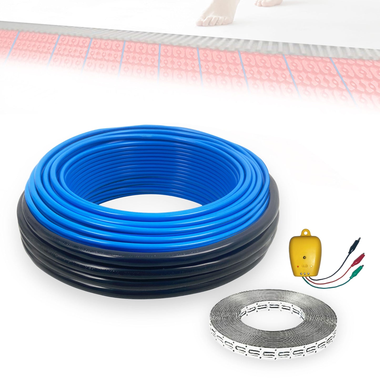 Electric Heated Floor Cable Underfloor Heating System Kit with Cable Guide, Alarm Monitor for Indoor Installation 120 V, 25 Sqft