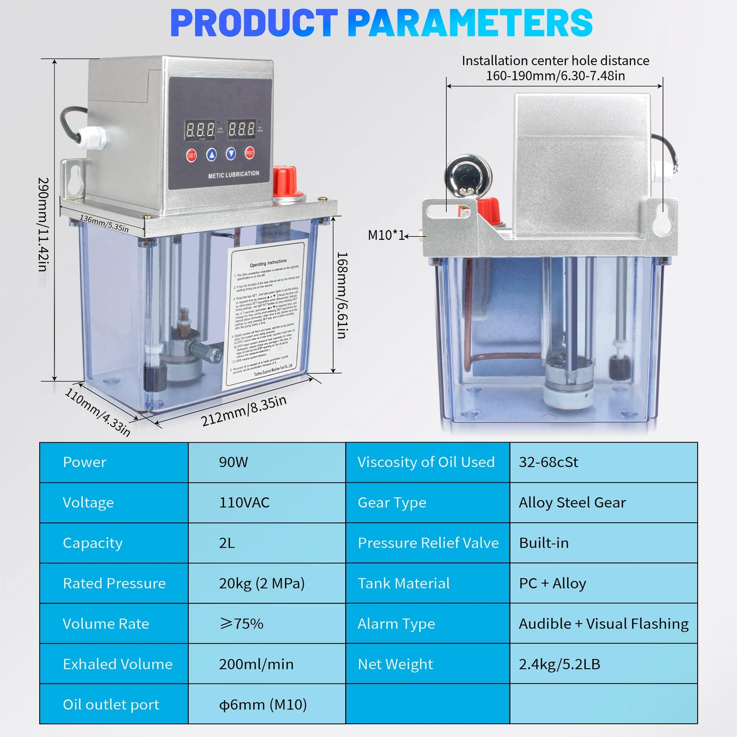 CNCTOPBAOS 90W 2L Automatic Lubricating Oil Pump 110V, Dual Digital Display 4Mpa Pressure Gauge Adjustable Time Oil Output 200ml/min, Alloy Gear Oiler Lubrication System for CNC Milling Lathe Machine