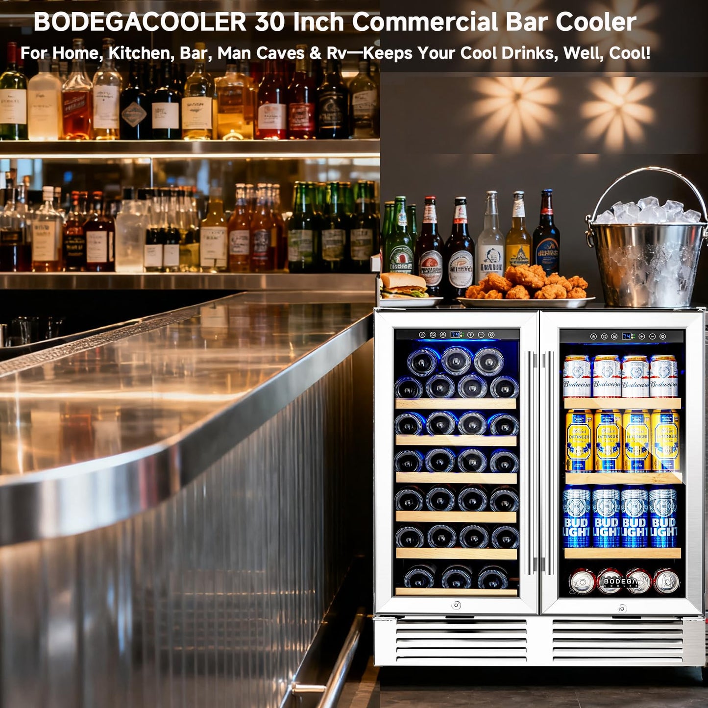 BODEGACOOLER Wine and Beverage Refrigerator,30 Inch Under Counter Commercial Beverage Refrigerator, Large Capacity Back Bar Cooler With 2 Glass Doors,LED Lighting Display Beer Wine Soda Drinks.