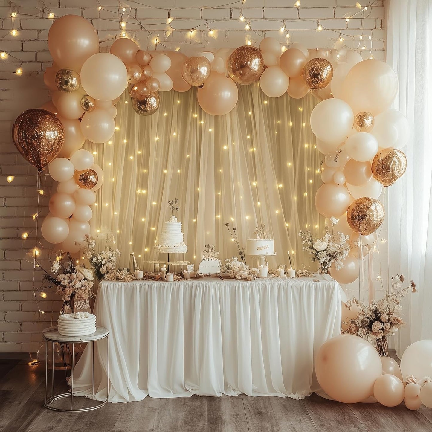 10FT 8FT (2 5x8FT) Tulle Backdrop Curtain with Lights String X Champagne Sheer Tulle Backdrop Curtains for Wedding