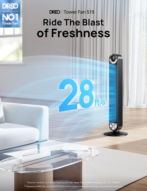 DREO Tower Fan - Ultra-Quiet Bladeless Design with 9 Speeds & 90° Oscillation | Perfect for Bedroom & Home Office