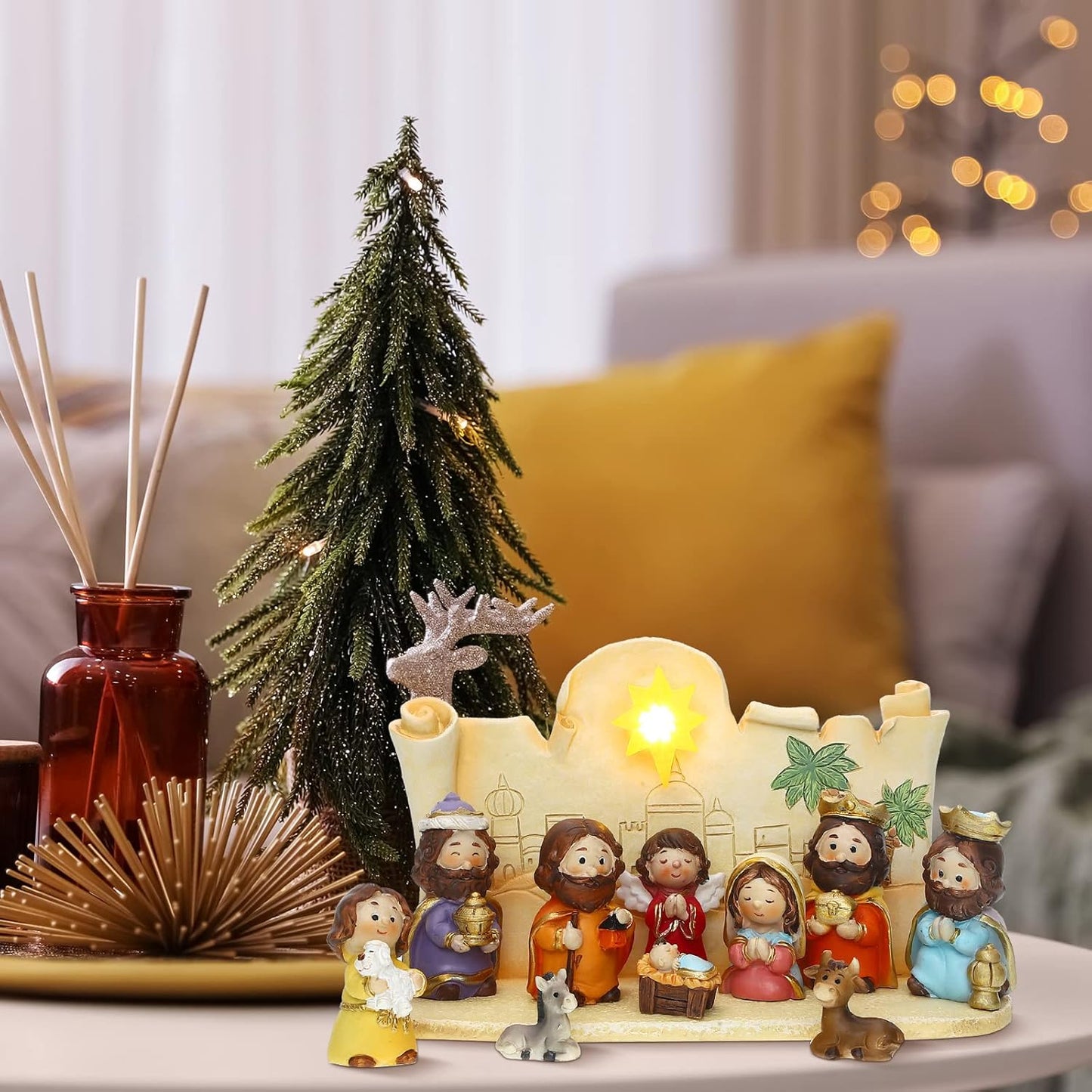Skiennix Mini Christmas Nativity Set - 11 Colorful Figurines with Light & Rearrangeable Manger Decor