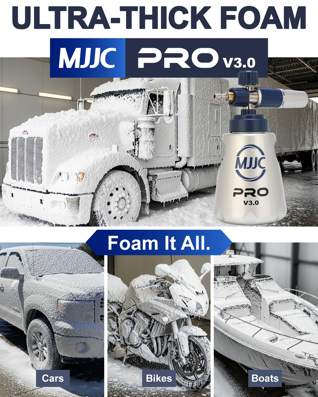 MJJC PRO V3.0 Ultimate Foam Cannon for Pressure Washers – Professional Car Wash Accessory Kit with Thick Foam, Stainless Steel, 44 fl oz Bottle (Pro V3.0 (1/4" Quick Connector) + SOAP Sample)