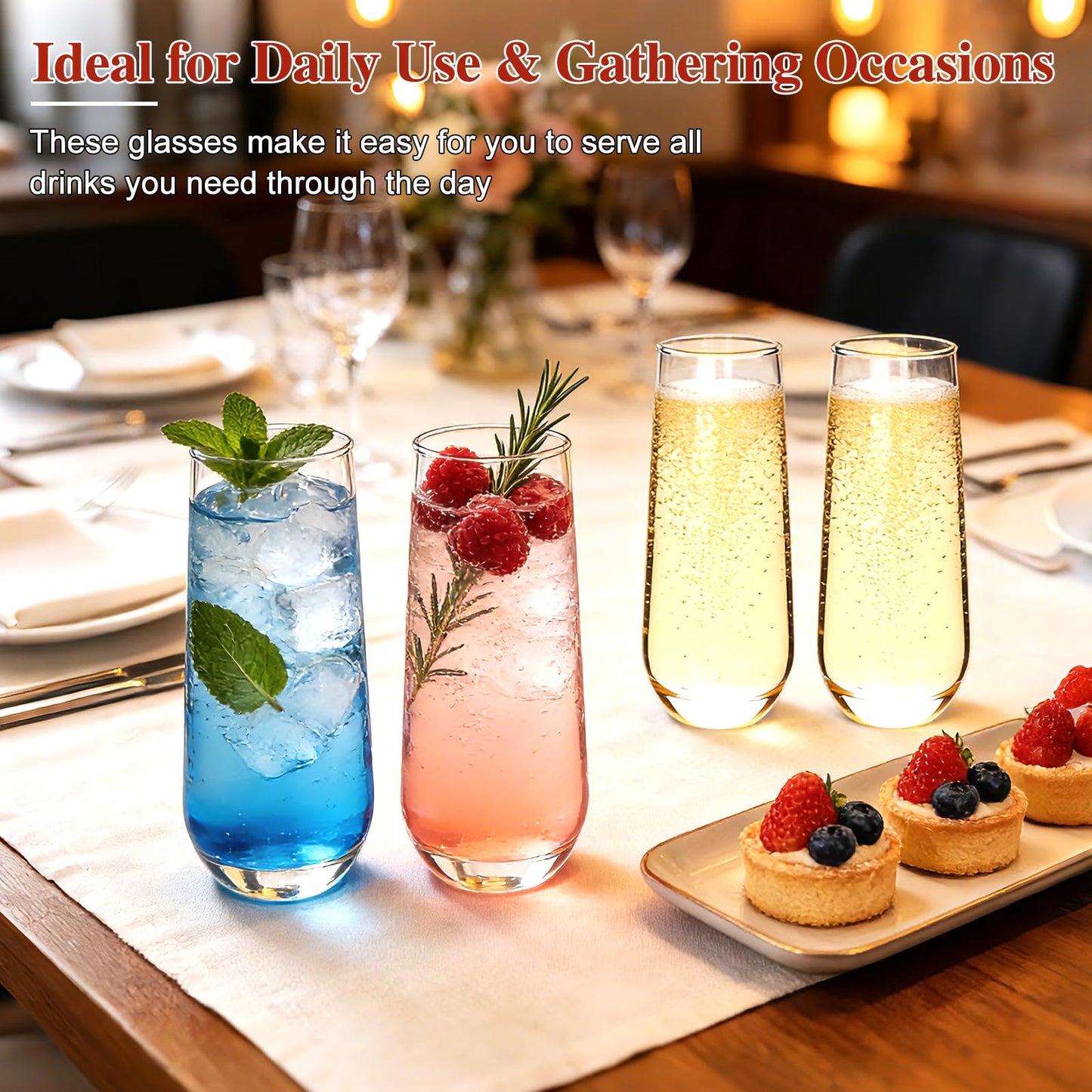 Ufrount Stemless Champagne Flutes Set of 16, 9.5 oz Champagne Glasses, Multi-purpose Mimosa Glasses for Prosecco, Cocktail, Water, Weddings, Bar and Parties
